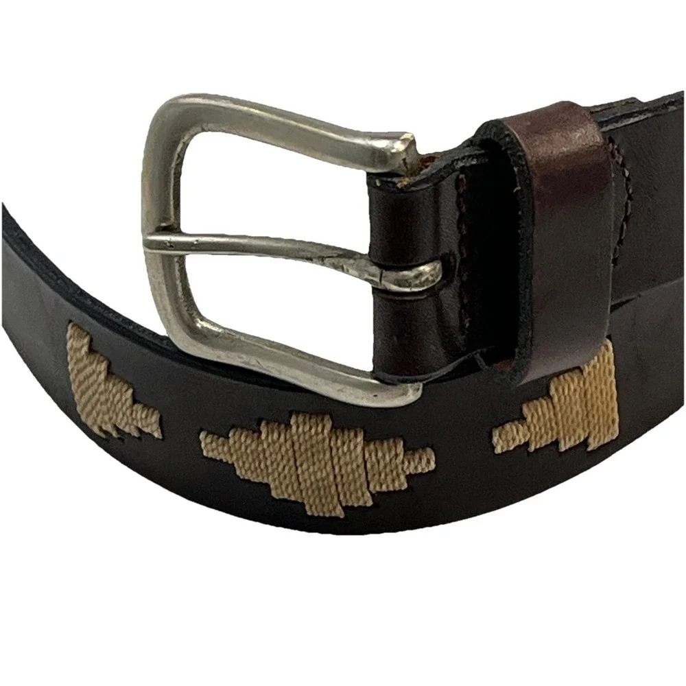 J Crew Belt Brown Leather‎ Stitched Aztec Southwestern Cowgirl Rodeo Size 30